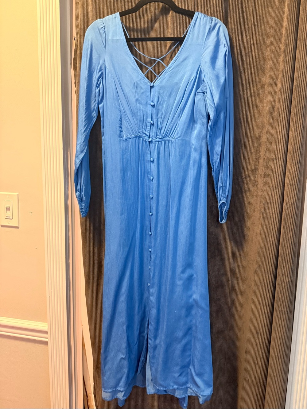 Free People Women's Long Sleeve V-Neck Blue Button-Front  maxi Dress